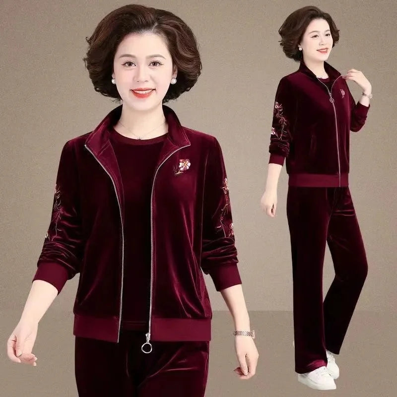 Women Spring Autumn Golden Velvet Set Casual Suit Embroidery Coat Straight Trousers 3-piece Sets