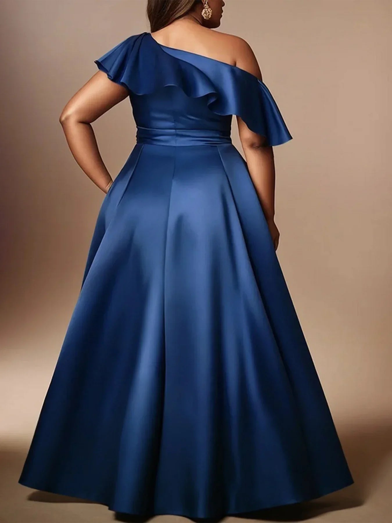 Plus Size Elegant Evening Dress Satin Ruffle One Shoulder Party Cocktail Maxi Dress