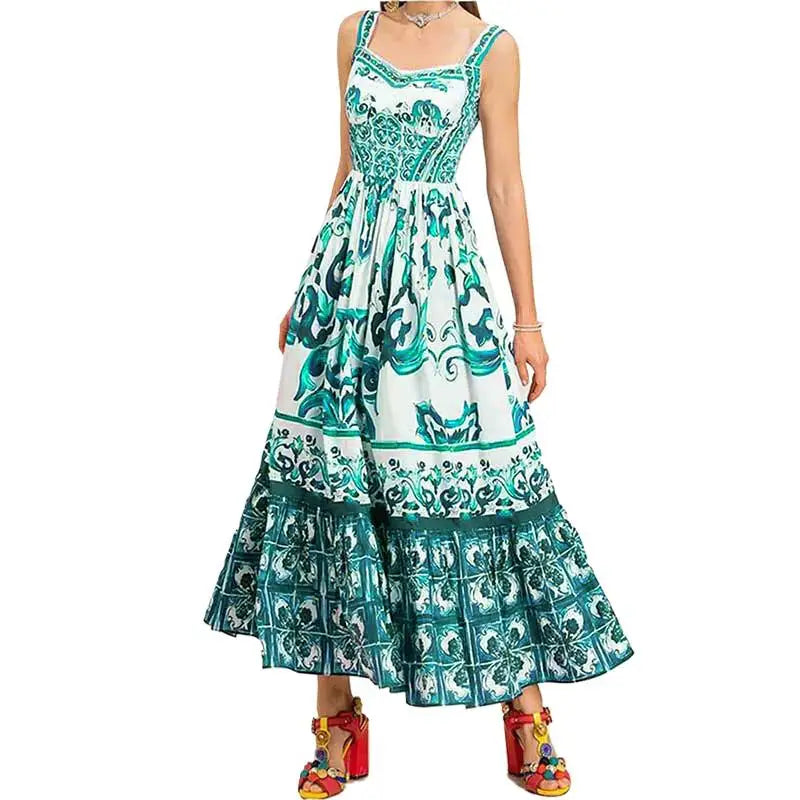 Elegant Summer Bohemian Sling Print Sleeveless A-line Long Dress