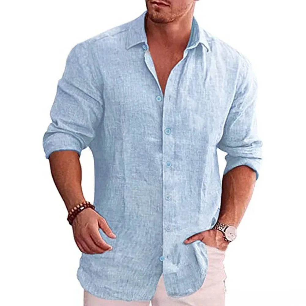 Autumn Men's Long Sleeve Shirt Cotton Linen Breathable Solid Color Casual Style Plus Size
