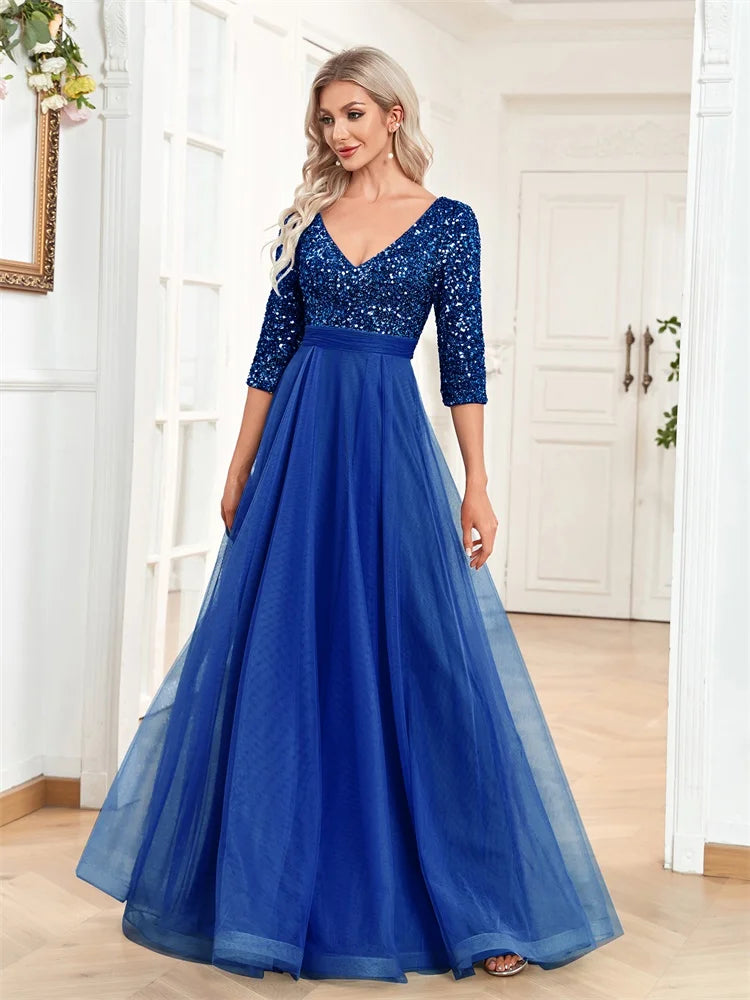 Luxury Floor Length V-Neck Evening Dress Party Maxi Dress Sequin Short Sleeves Prom Cocktail Gown
