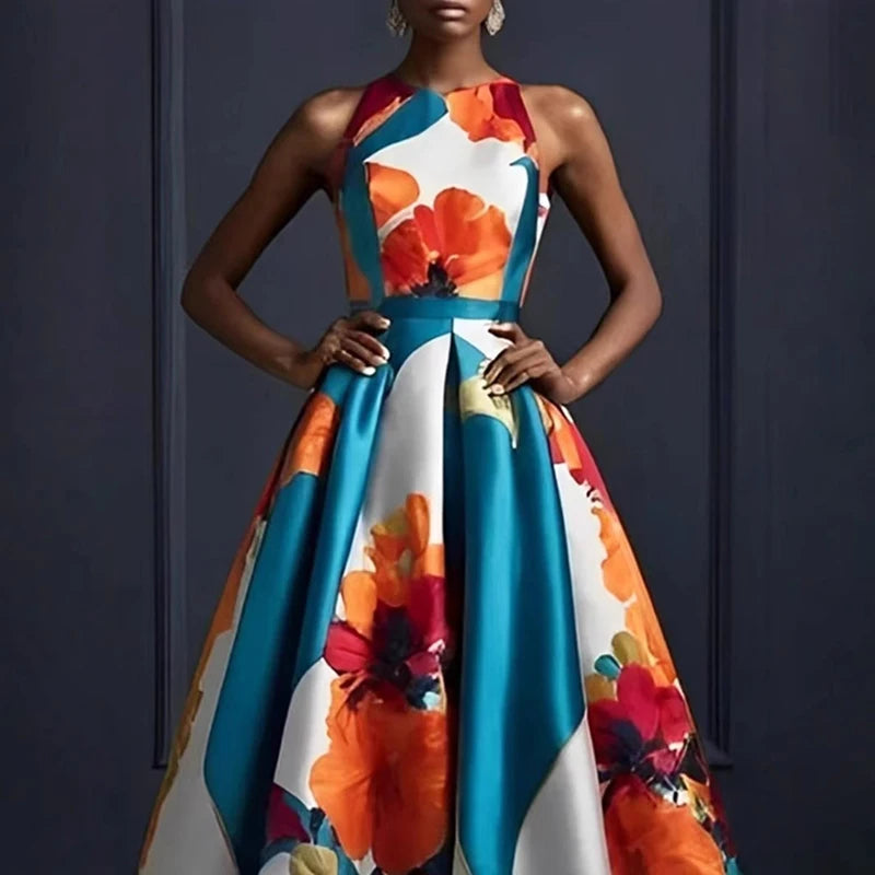 Sexy Sleeveless Floral Hem Long Gown High Waist O Neck Maxi Dress