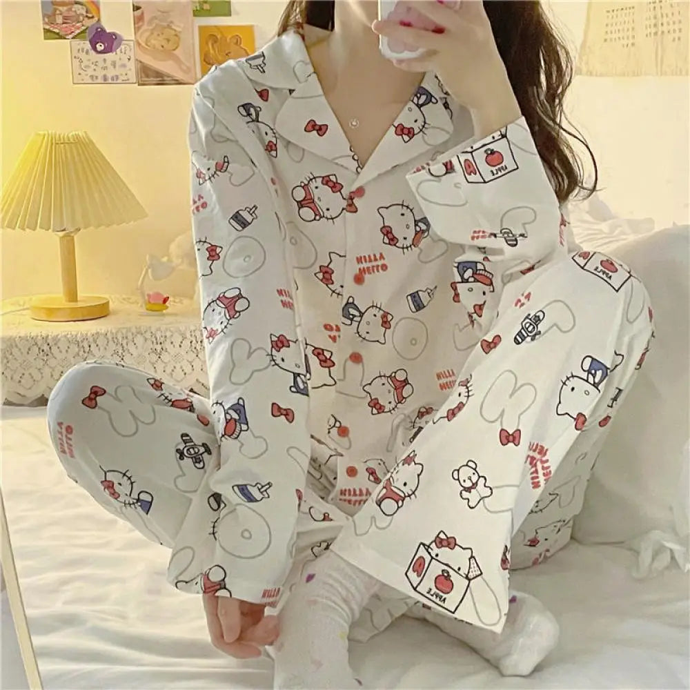 Hello Kitty 2Pcs Pajamas Set for Women Long Sleeve Tops Pants Loungewear