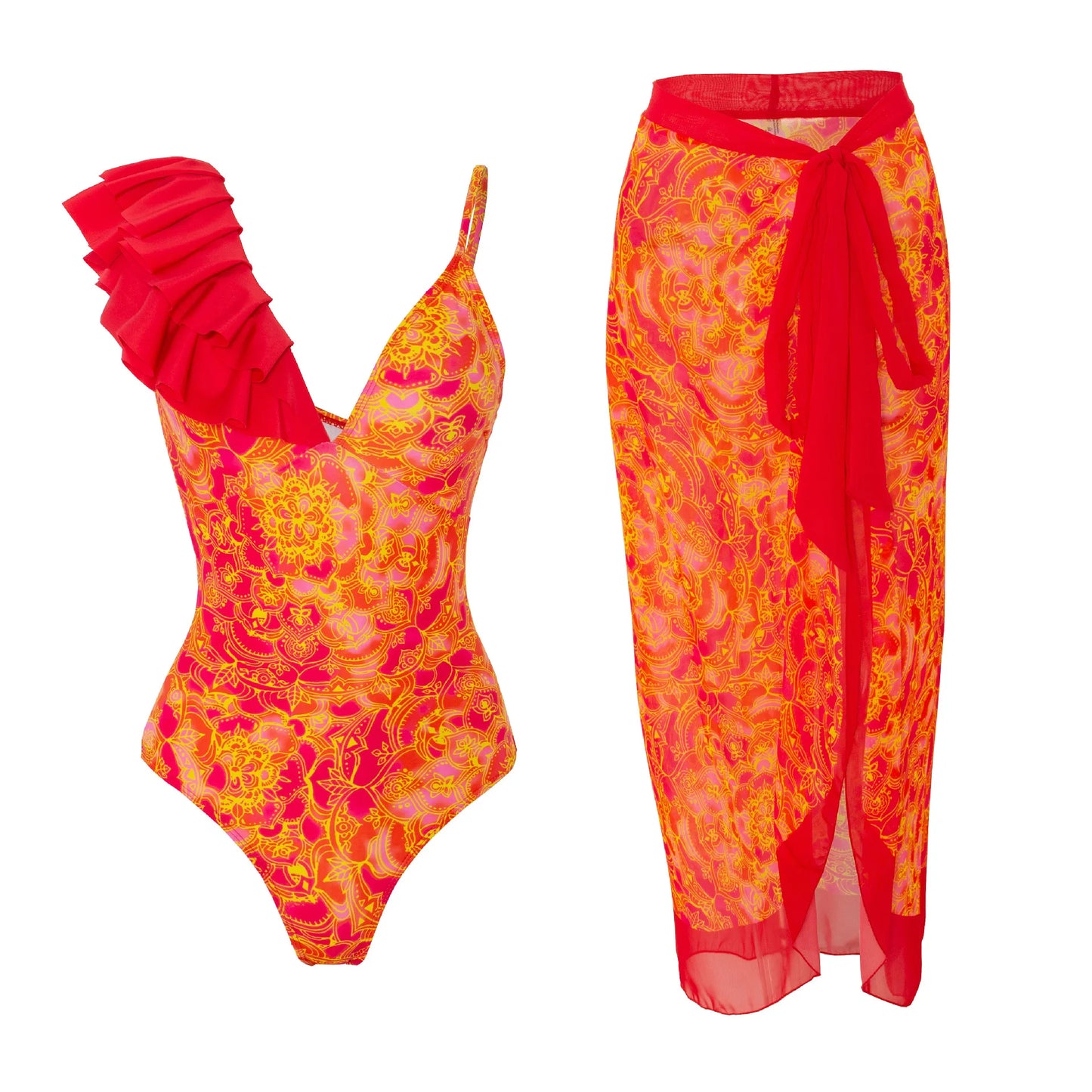 2-Piece Women Brazilian Floral Printed Ruffle Bikinis Strappy Bandage Swimwear