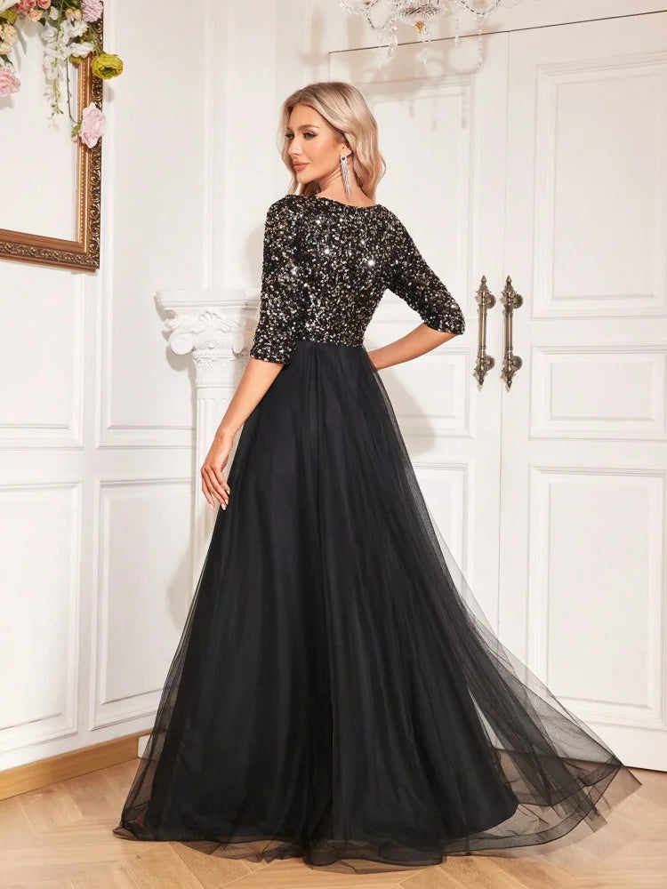 Luxury Floor Length V-Neck Evening Dress Party Maxi Dress Sequin Short Sleeves Prom Cocktail Gown