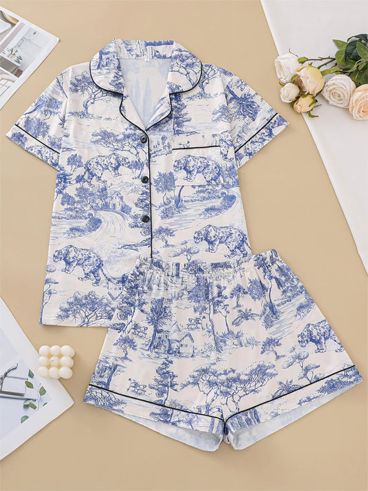 Natural animal print comfortable pajama set short-sleeved lapel top and elasticated waistband shorts loungewear