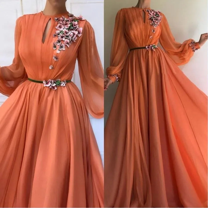 Elegant Women Prom Dresses Floral Appliques O-Neck A-Line Evening Gowns Fashion Sashes Long Sleeves Orange Party Dresses
