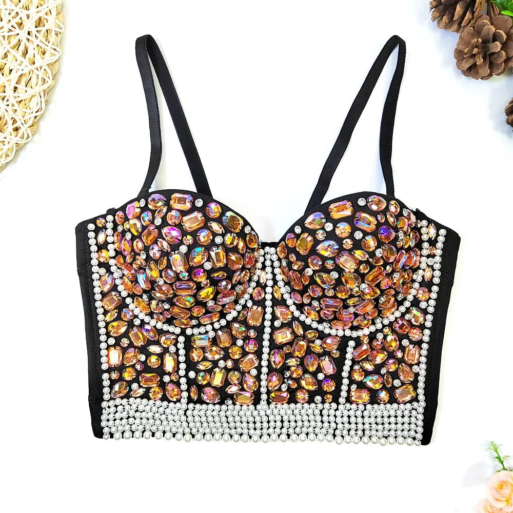 Women Rhinestone Diamond Tank Top Push Up Bustier Camisole Sequin
