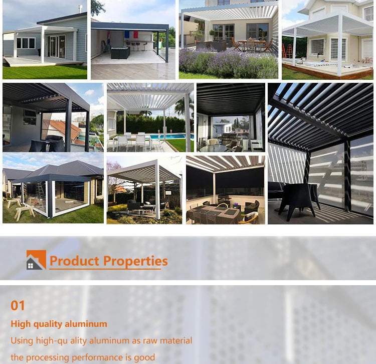 Aluminum pergola, rainproof, electrically adjustable gazebo, electric louvered awning, outdoor patio sunshade.