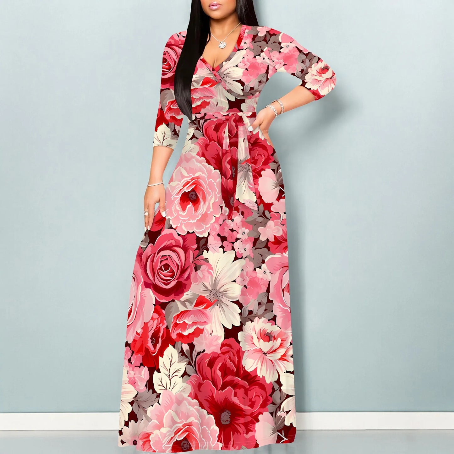 Romantic Floral Rose V-Neck 3/4 Sleeve Wrap Maxi Dress with Belt