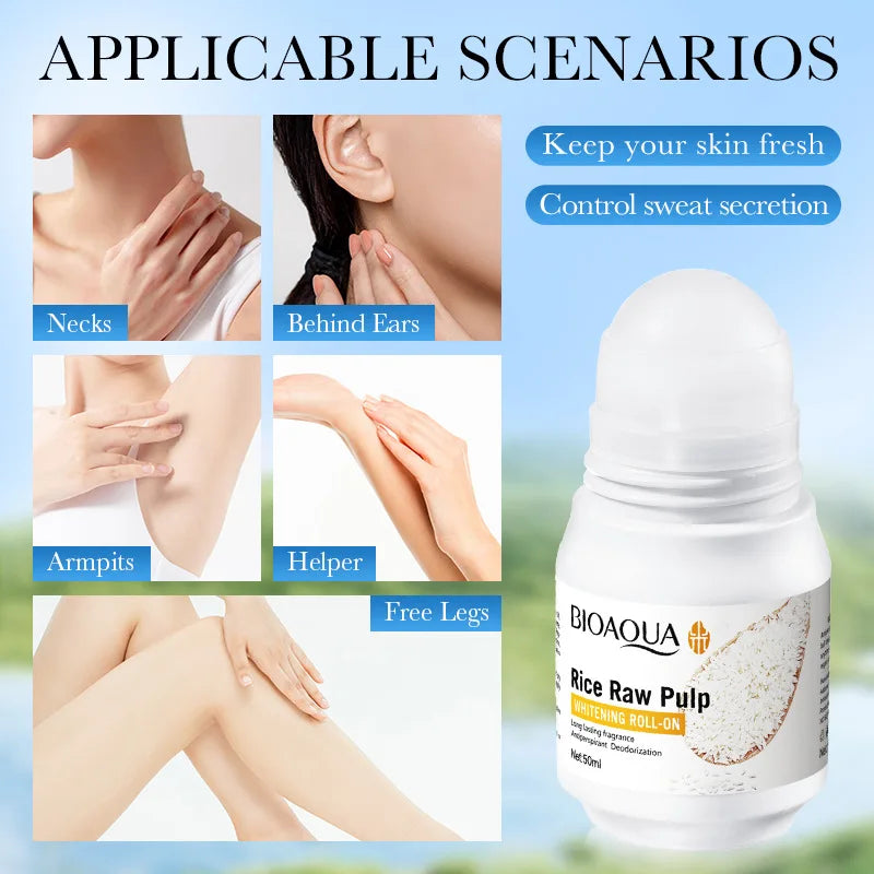BIOAQUA White Rice Infused Roll-On Deodorant Whitening Formula Remove Sweat Odor Long Lasting Fragrance Underarm Treatment