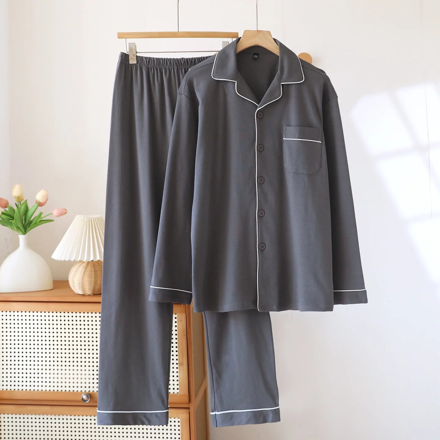 100% Cotton Men Pajamas, Thick sleepwear Long sleeved long pants Nightwear Loungewear