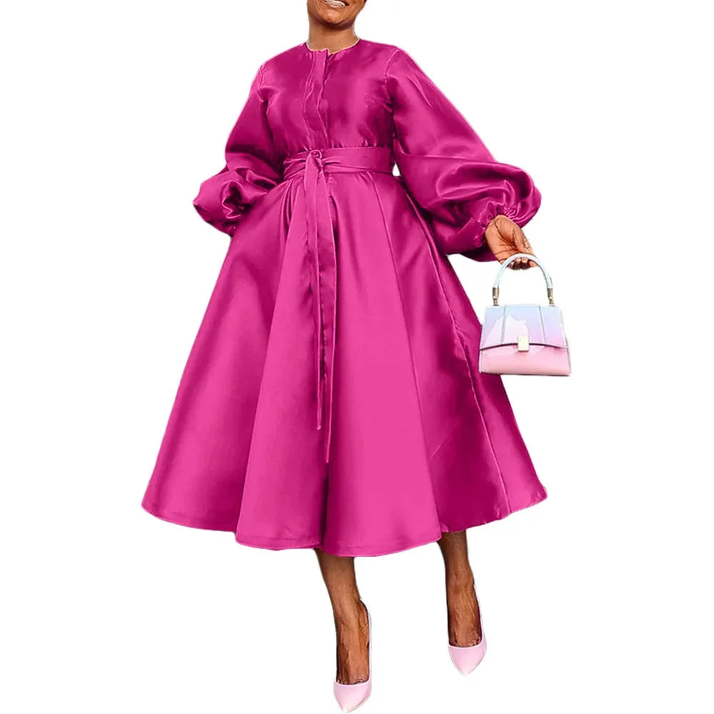 Satin Puff Sleeve Evening Dress for Women Pleated A-Line Round Neck Elegant Party Midi Dress with Belt
