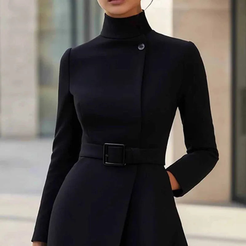 Turtleneck Solid A-Line Dress Elegant Button High Waist Pocket Long Sleeve Casual Party Dress