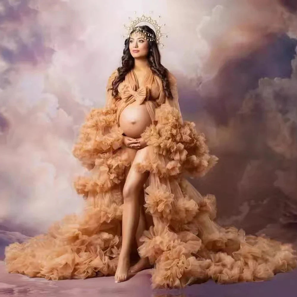 Maternity Dresses for Photoshoot Puffy Tulle Women Robe Long Sleeve Maxi Gown Wedding Anniversary Pregnancy Sleepwear Nightwear