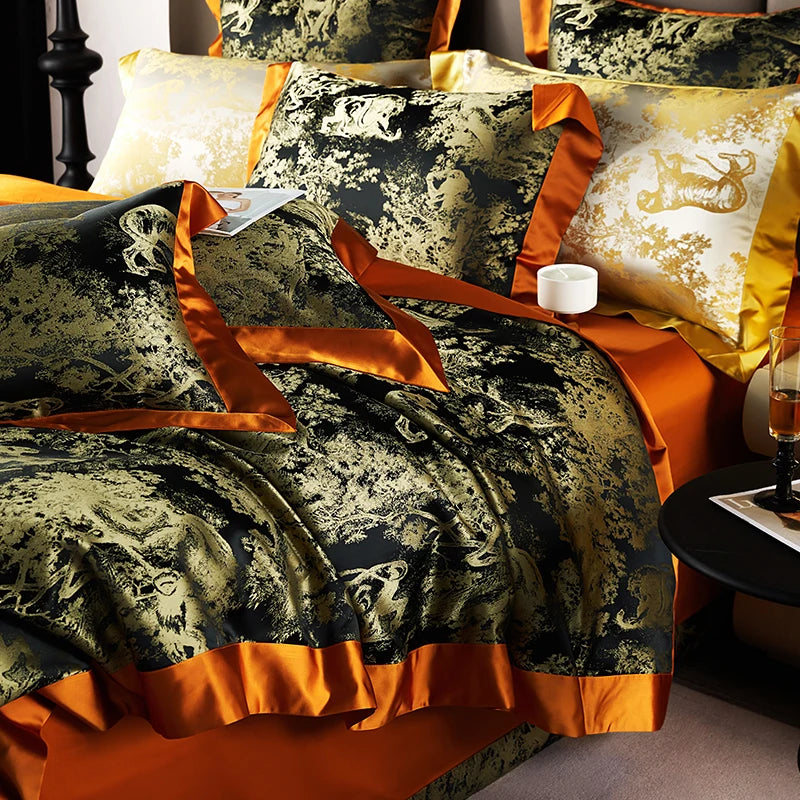 4/6Pcs Luxury Beige Gold Brocade Jacquard Egyptian Cotton Bedding Set Duvet Cover Flat/Fitted Bed Sheet Pillowcases