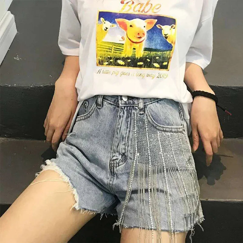 Europe America Style Shorts High Waist Wide Legs Denim Shorts Rhinestones Tassels