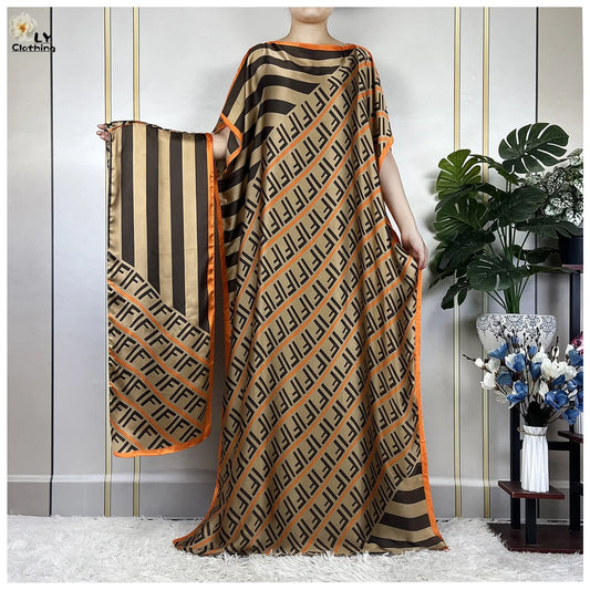 Women Printed Silk Soft Loose Maxi Party Dresses With Belt Turban