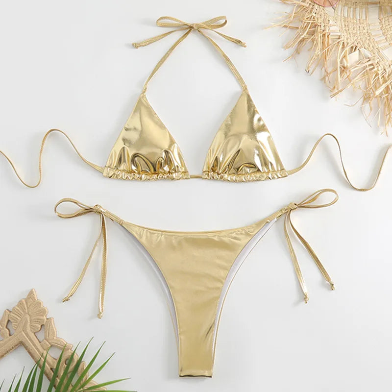 sexy metallic string halter micro mini bikini sets two pieces 2024 women thong swimsuit female bathing suit swimwear biquini