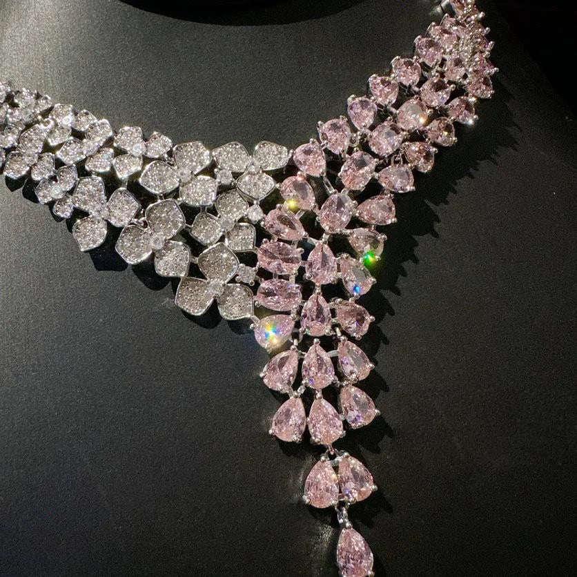 Women Flower Drop Necklace Earring 18K Gold Plated Pink Crown Zirconia