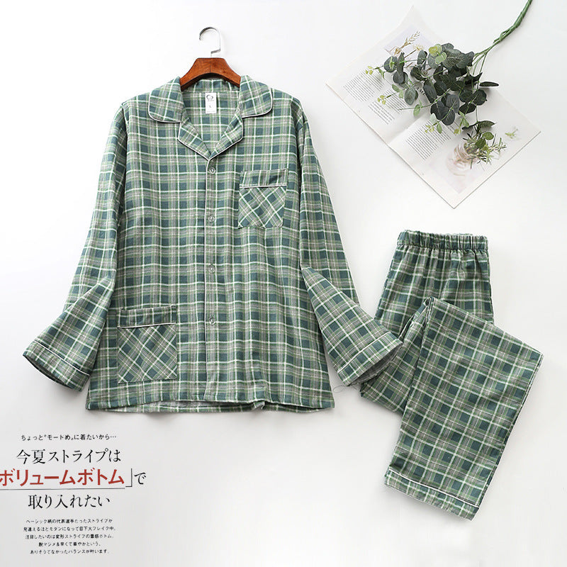 Spring Autumn Winter Long-sleeved Men's Trousers Pajama Set Suits Brushed Cloth Cotton Plaid
