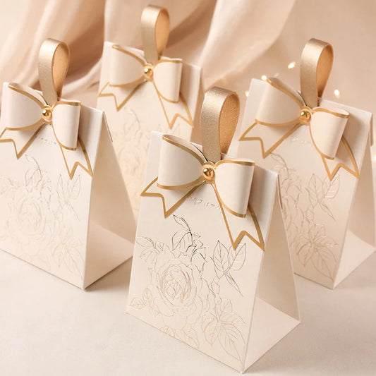 20/50Pcs New Cream White Wedding Box Vintage French Hand-Held Champagne Bow Texture Anniversary Festival High Quality Paper Box