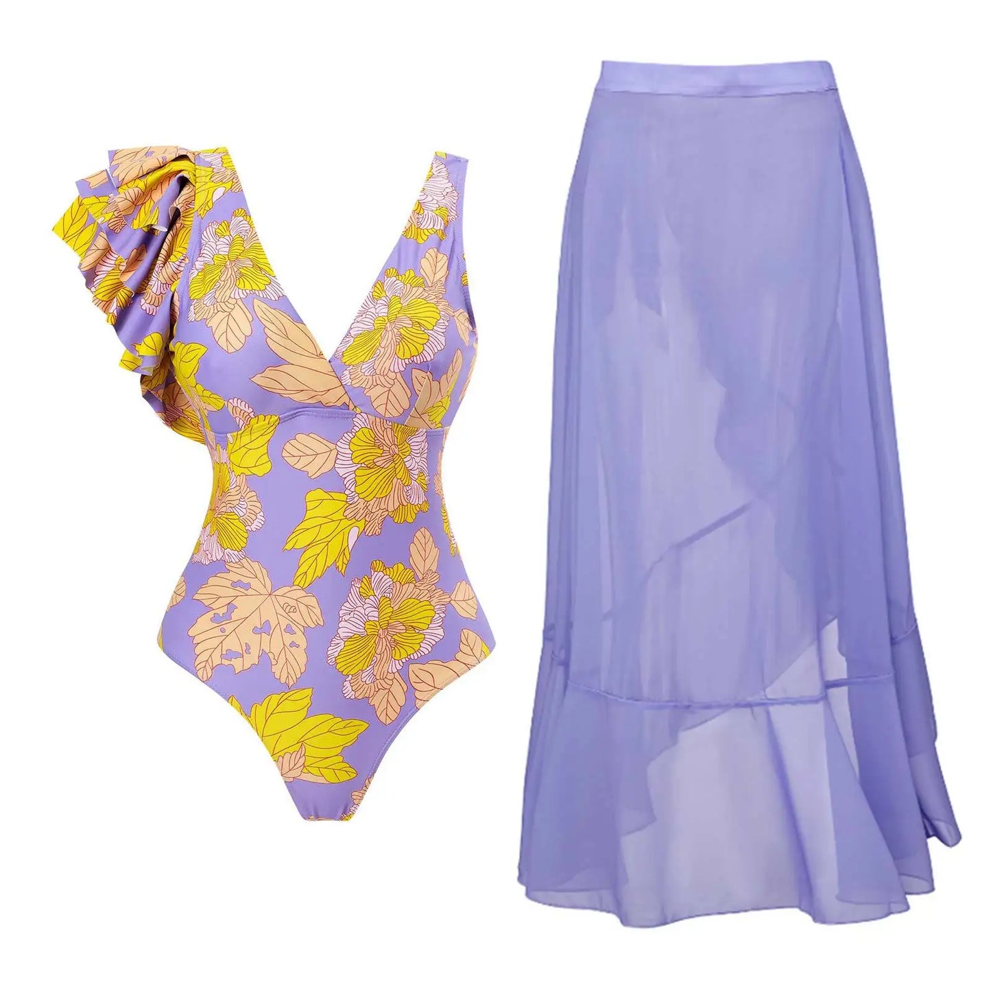 2-Piece Women Brazilian Floral Printed Ruffle Bikinis Strappy Bandage Swimwear
