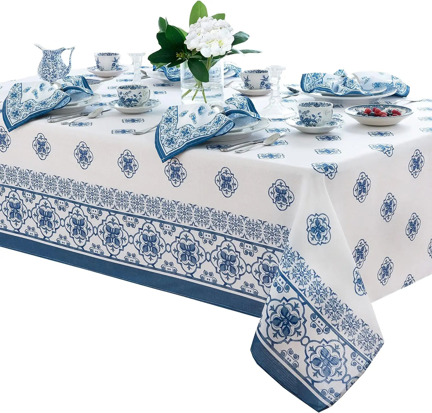 Lemon Orchard Blue Pattern Tablecloth Polyester Wipeable Waterproof Tablecloth Indoor Outdoor