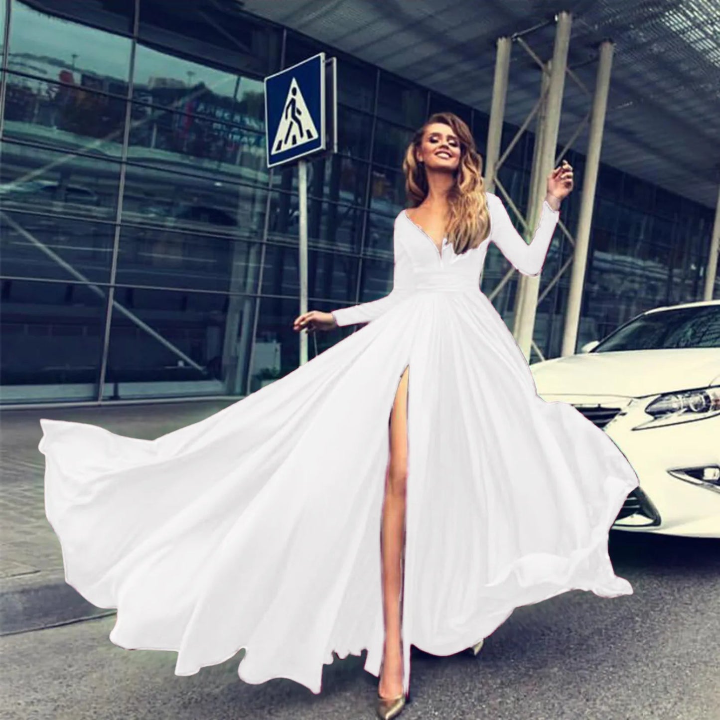 Women Wrap Split A Line Dress High Waist Deep V Neck Evening Party Long Gown