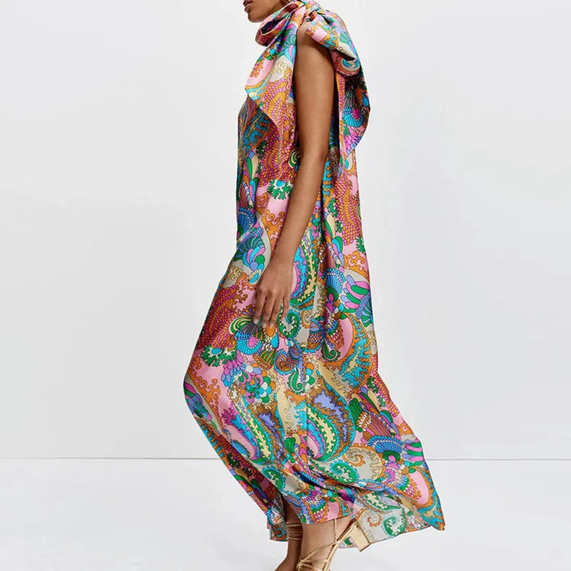 Summer Satin One-piece Robes Fashion Pattern Printed Skew Collar Halter Dress Elegant Off Shoulder Pleated Party Dress