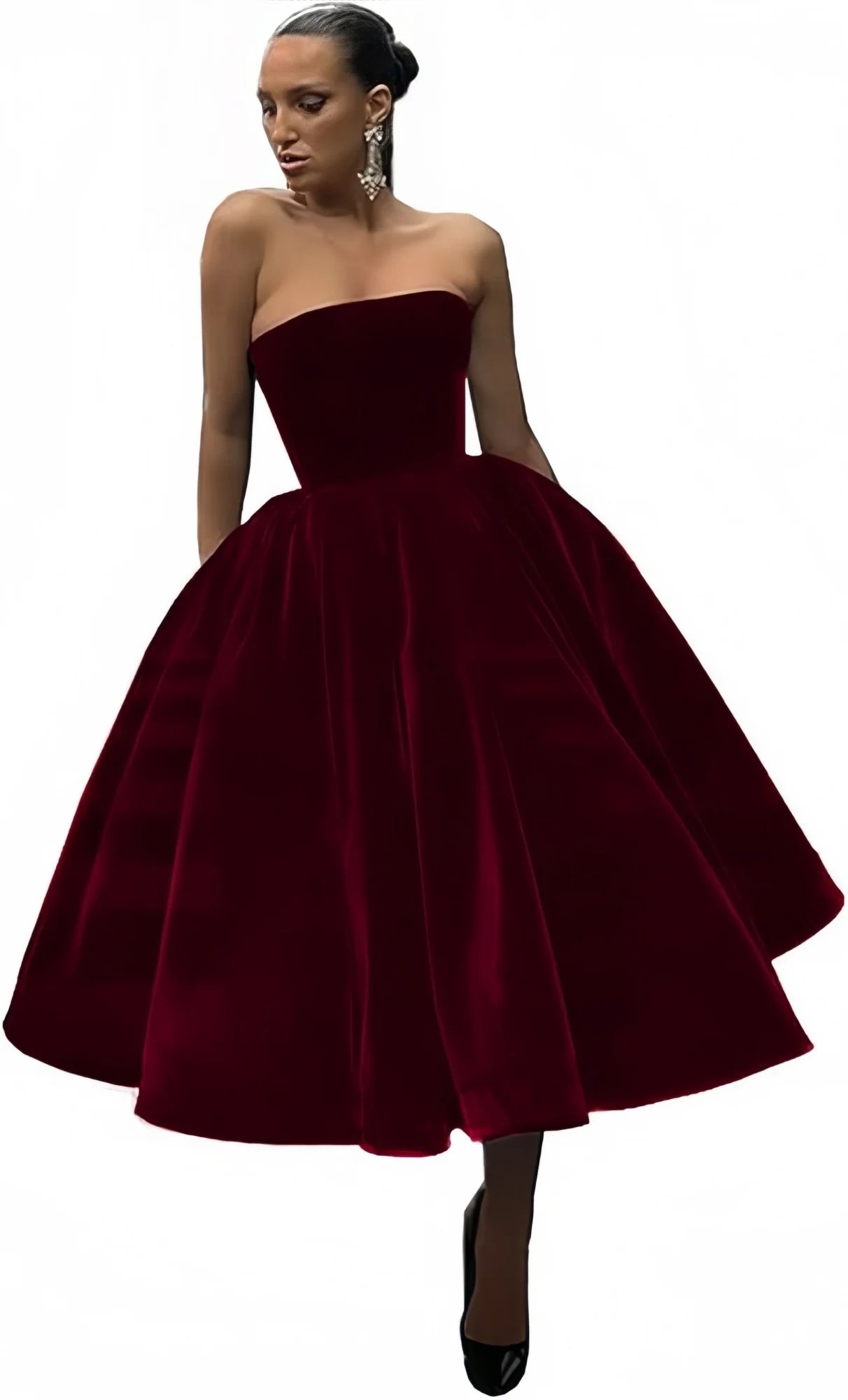 Dark Red Velvet Midi Prom Dresses A-Line Strapless Crystals Pleated Velour Knee Length Formal Party Dresses