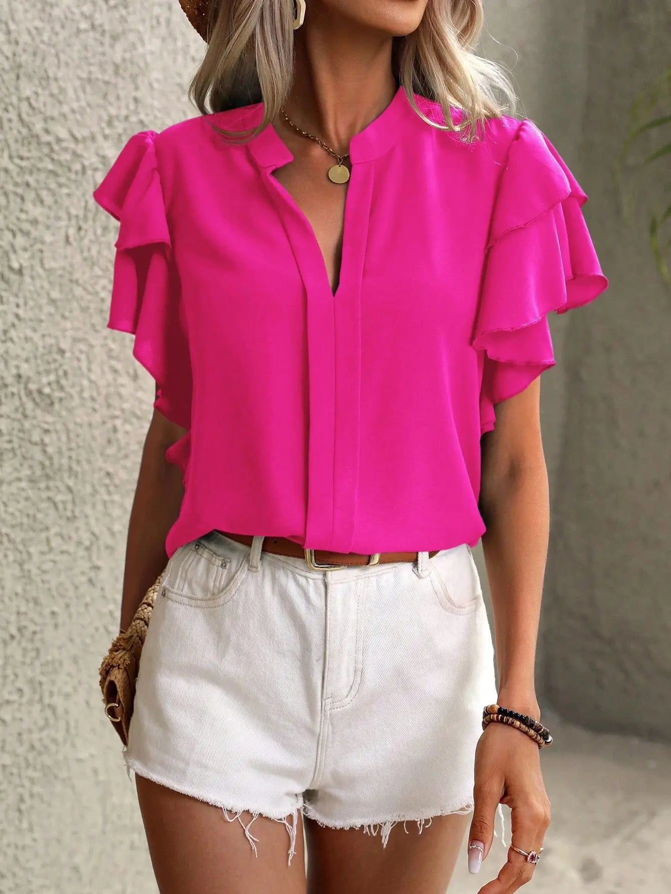 Elegant Women Summer Blouse V-neck Casual Double Layered Ruffle Sleeves