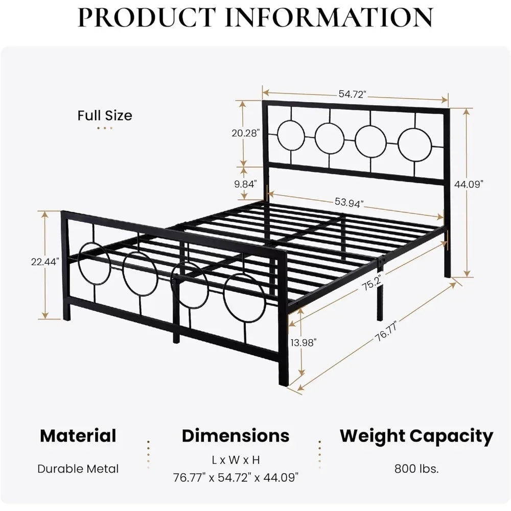 Bed Frame with Vintage Circular Design Headboard and Footboard, No Box Spring Required, Easy Assembly, Noise-Free