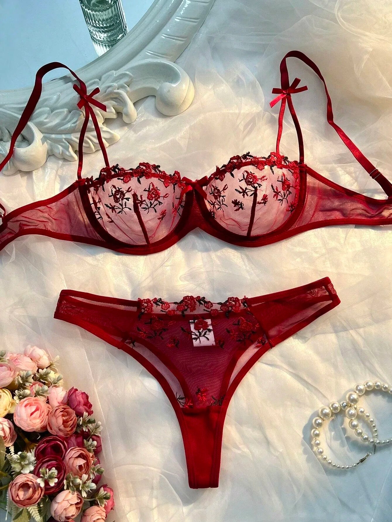 Beautiful Women Sexy 2 Piece Floral Embroidery Underwear Sets