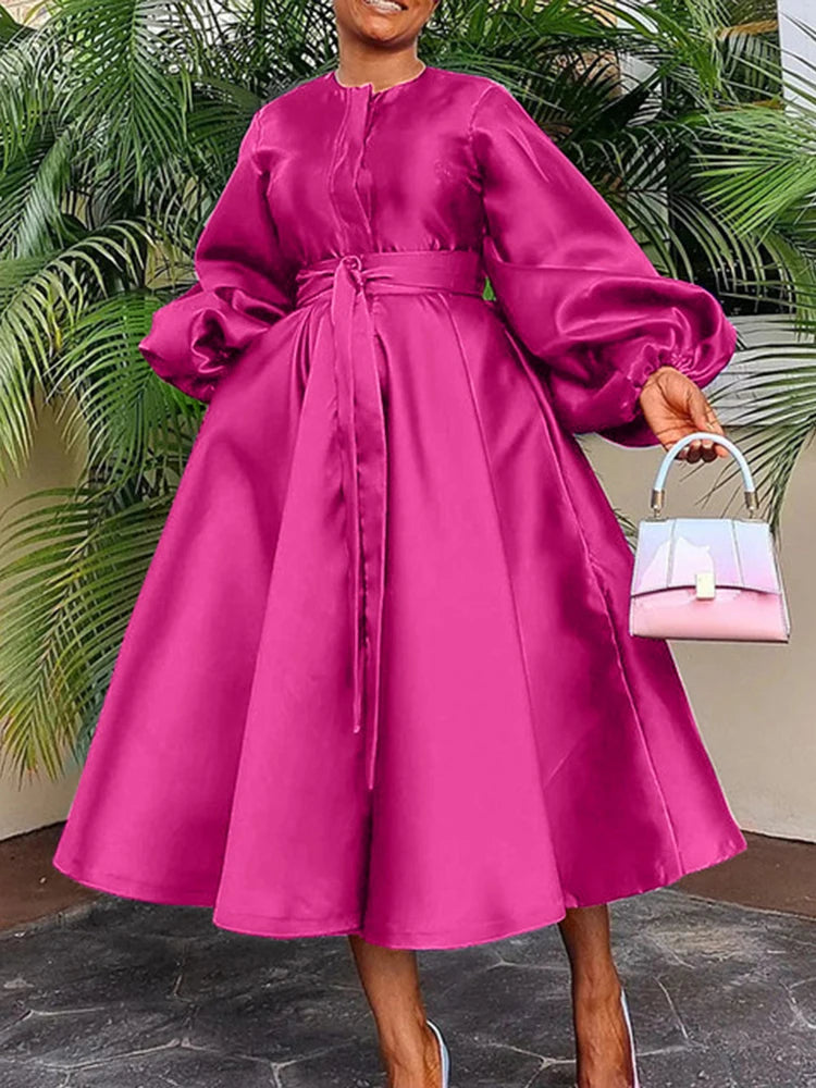 Satin Puff Sleeve Evening Dress for Women Pleated A-Line Round Neck Elegant Party Midi Dress with Belt