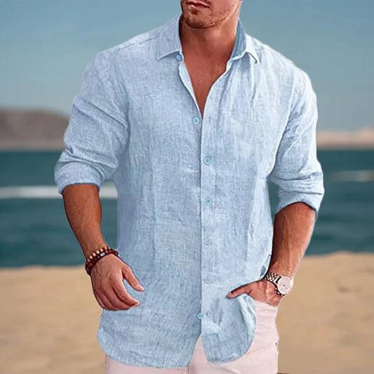 Autumn Men's Long Sleeve Shirt Cotton Linen Breathable Solid Color Casual Style Plus Size