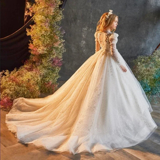 Luxury Sequins Flower Girl Dress For Wedding Party Baptism Birthday Gowns Tulle High Neck