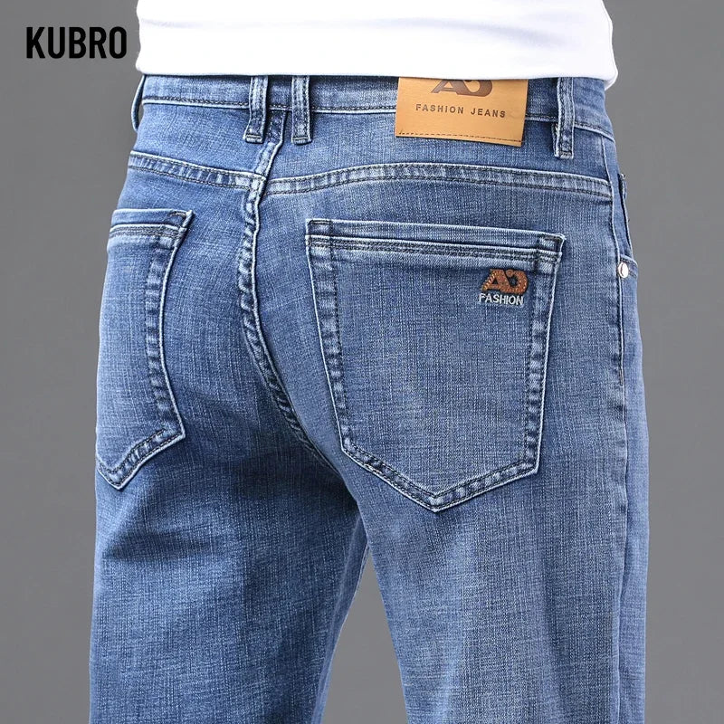 Spring Fashion Men's Light Blue Slim Jeans Stylish Business Casual Stretch Fabric Denim Pants Classic All Match Trousers