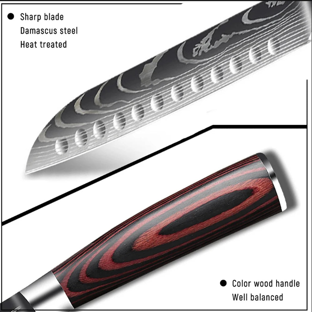 Damascus Laser Steel Kitchen Chef Knives with Shear Cutter and Wooden Handle