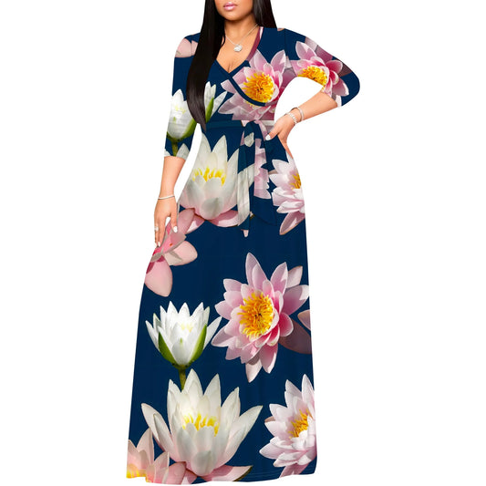 Romantic Floral Rose V-Neck 3/4 Sleeve Wrap Maxi Dress with Belt
