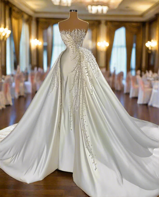 Elegant Pearls Crystal Mermaid Wedding Dress Strapless Overskirt Satin Bridal Gown