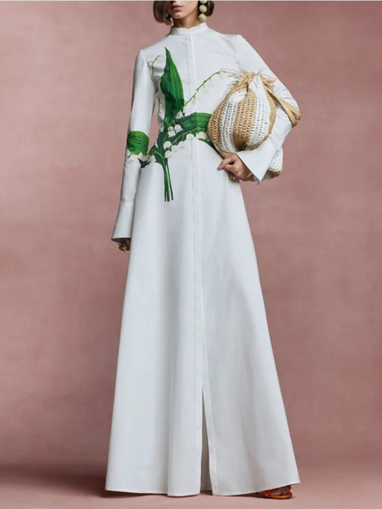 Women's Summer Spring Floor Length A-line Dress Round Neck Long Sleeve Buttoned Floral Printed