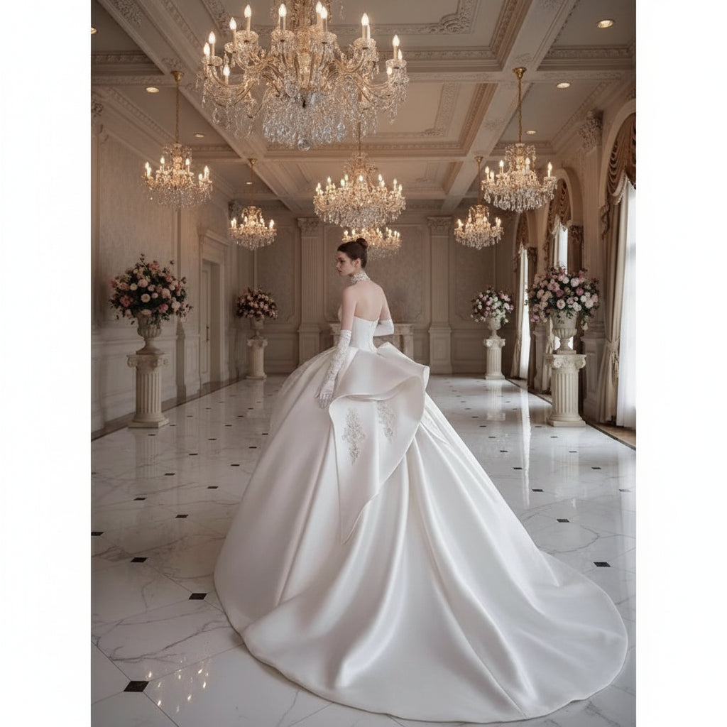 Strapless Luxurious Satin Wedding Bridal Dress Beaded Embroidery Trailing Customized