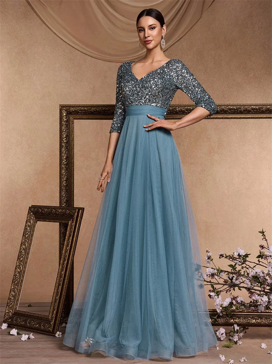 Luxury Floor Length V-Neck Evening Dress Party Maxi Dress Sequin Short Sleeves Prom Cocktail Gown