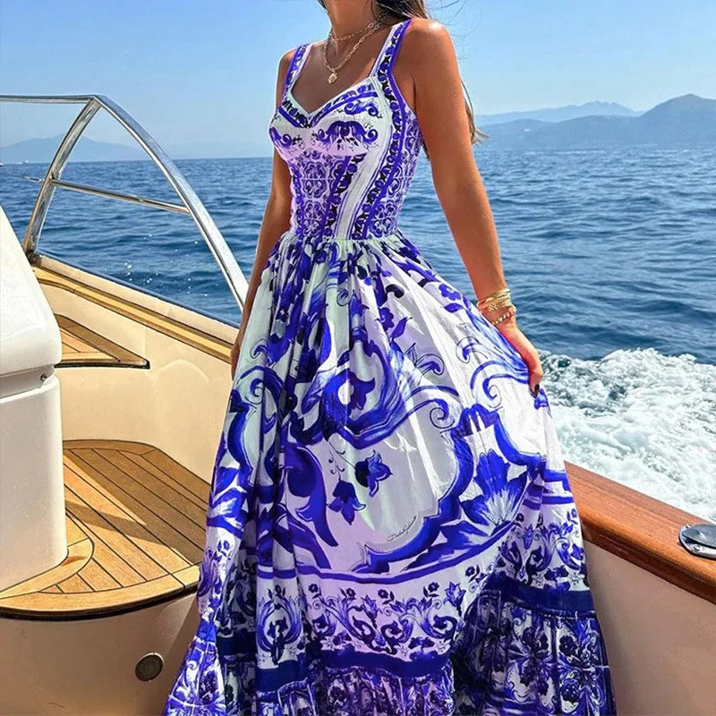 Elegant Summer Bohemian Sling Print Sleeveless A-line Long Dress