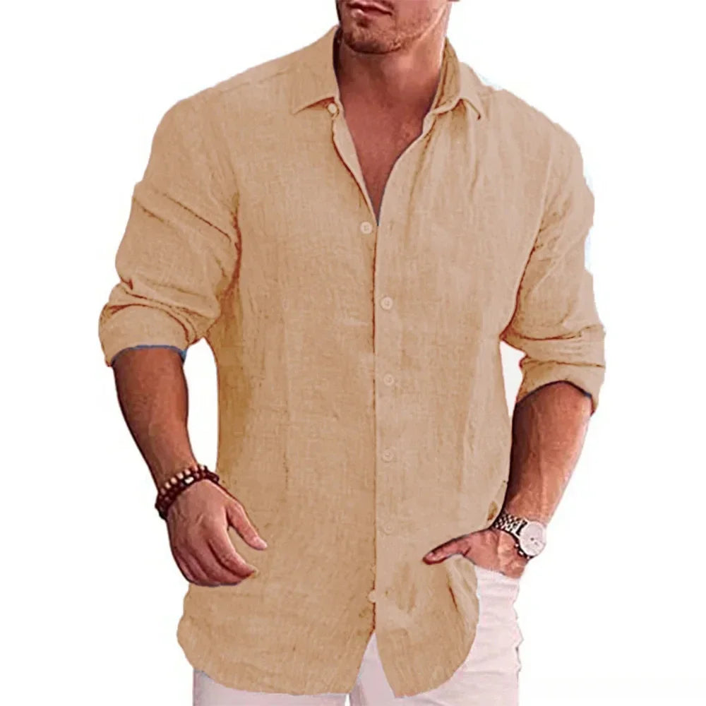 Autumn Men's Long Sleeve Shirt Cotton Linen Breathable Solid Color Casual Style Plus Size