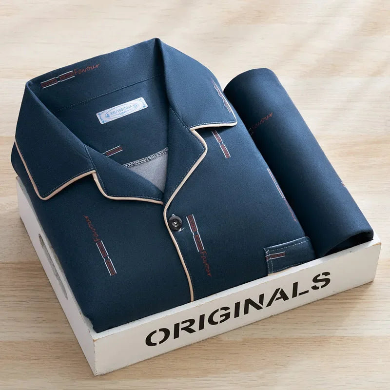 Large Size Men Sleepwear Pajamas Fall and Winter Cardigan Plaid Button Down Top and Pants