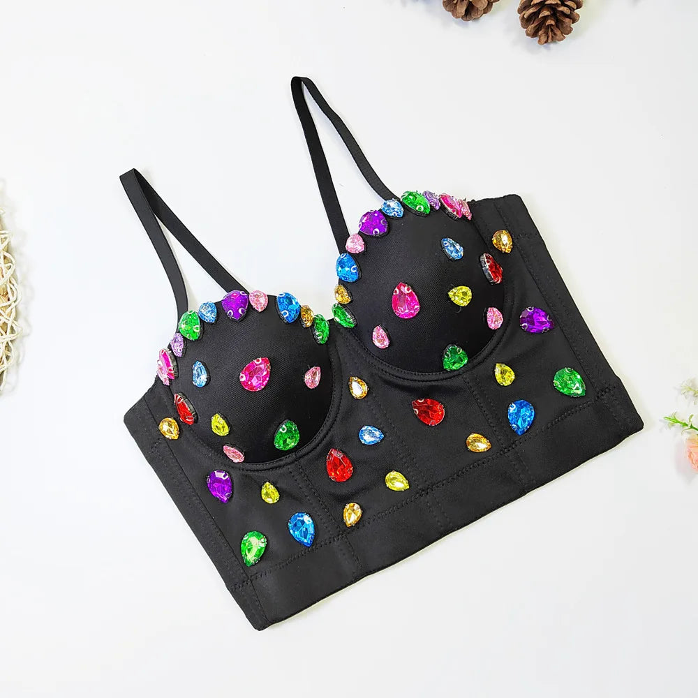 Women Rhinestone Diamond Tank Top Push Up Bustier Camisole Sequin
