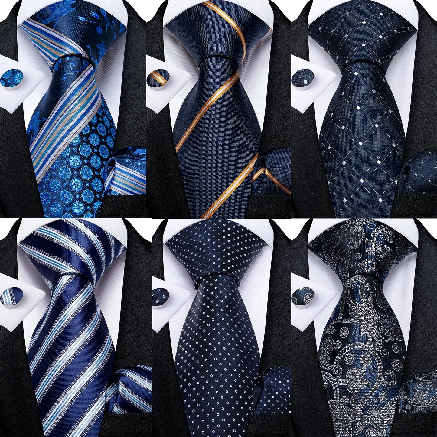 New Classic 100% Silk Men's Ties 8cm Blue Plaid Dot Striped Business Necktie Handkerchief Wedding Party Tie Set