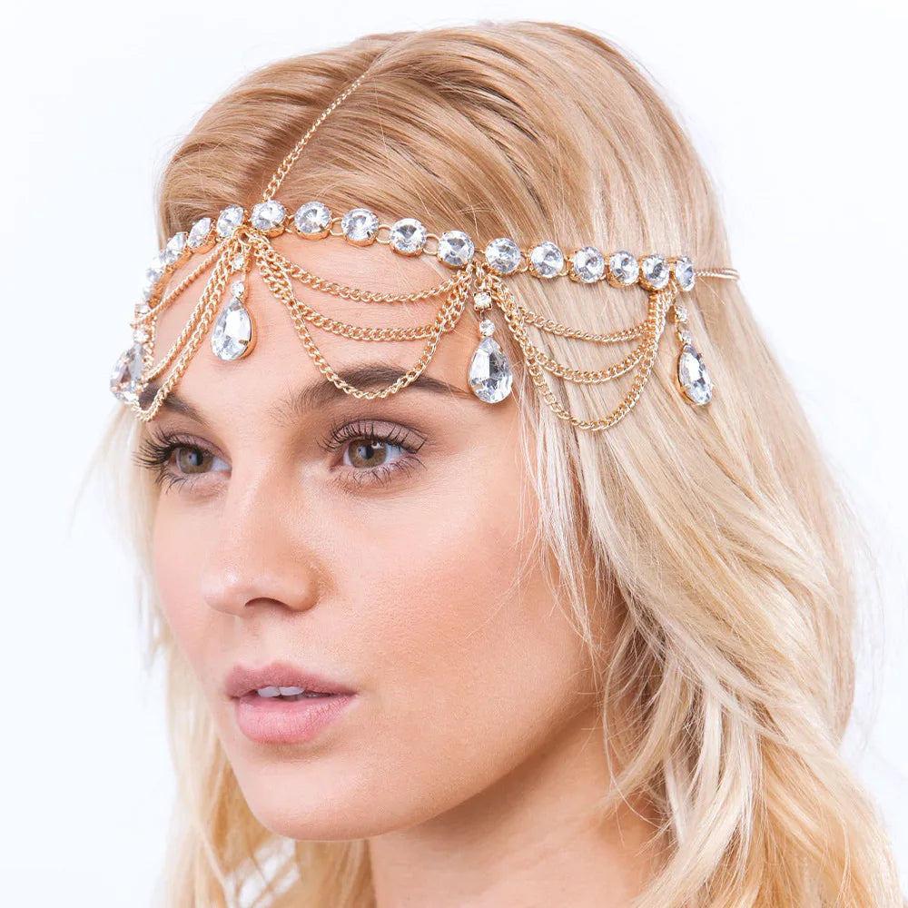 Vintage Rhinestone Head Chain Forehead Headband Indian African Bohemian Hair Accessories Crystal Fringe Tiara Headdress